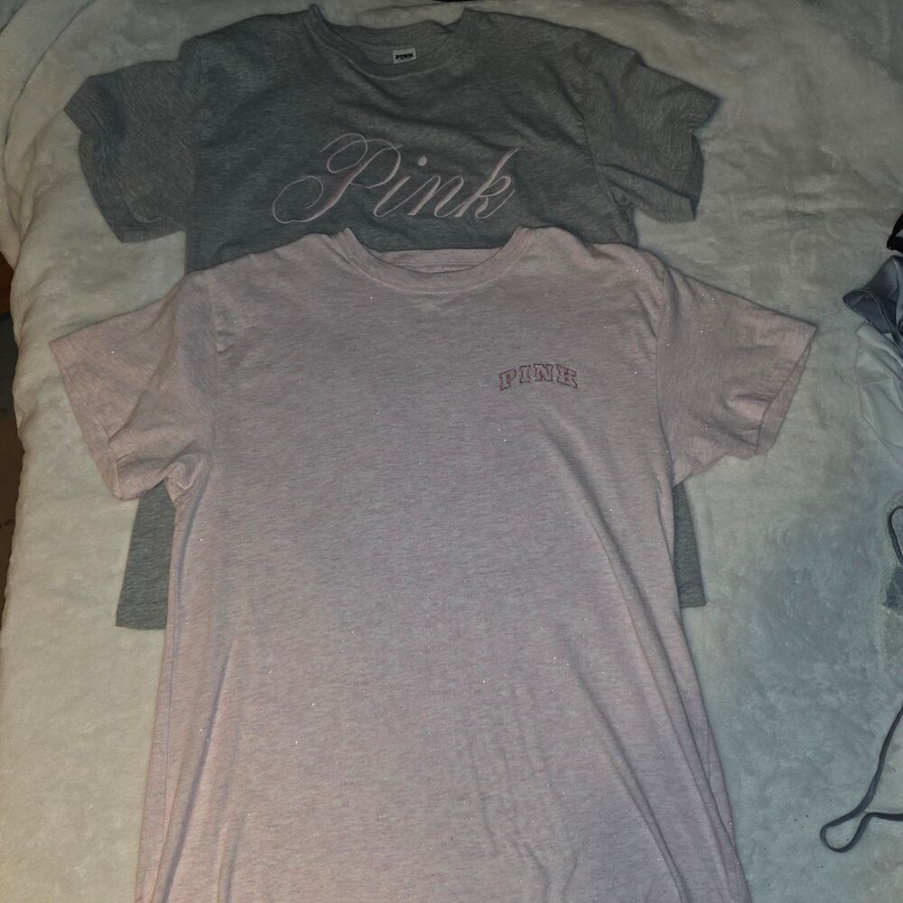 Victoria's Secret PINK 2pc embroidered Logo'd tshirts gray/pink shimmer